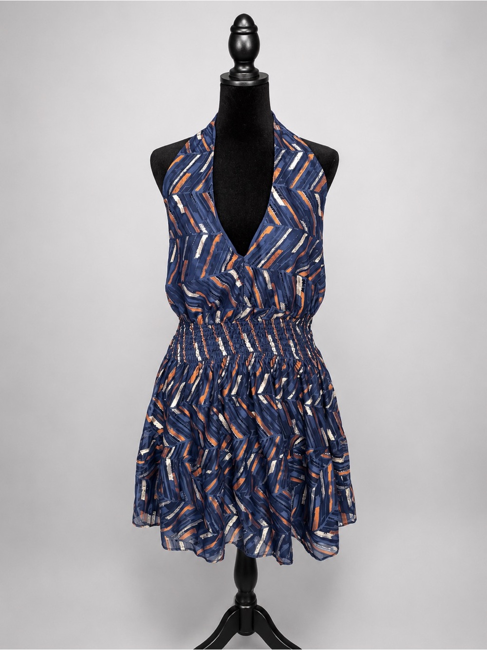 Ramy Brook Navy and Rust Printed Halter Mini Dress
